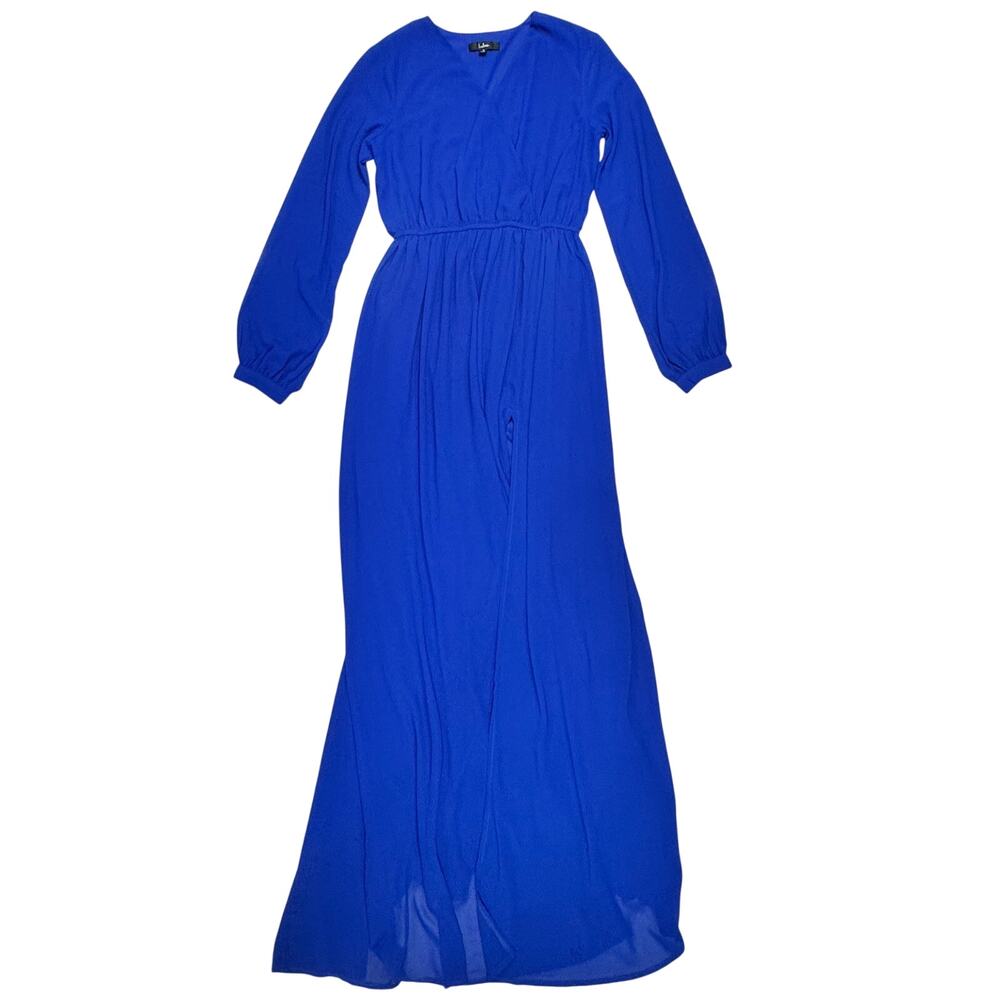 Lulus Wondrous Water Lilies Royal Blue Maxi Dress M Faux Wrap Slit Cobalt Event - Picture 3 of 16